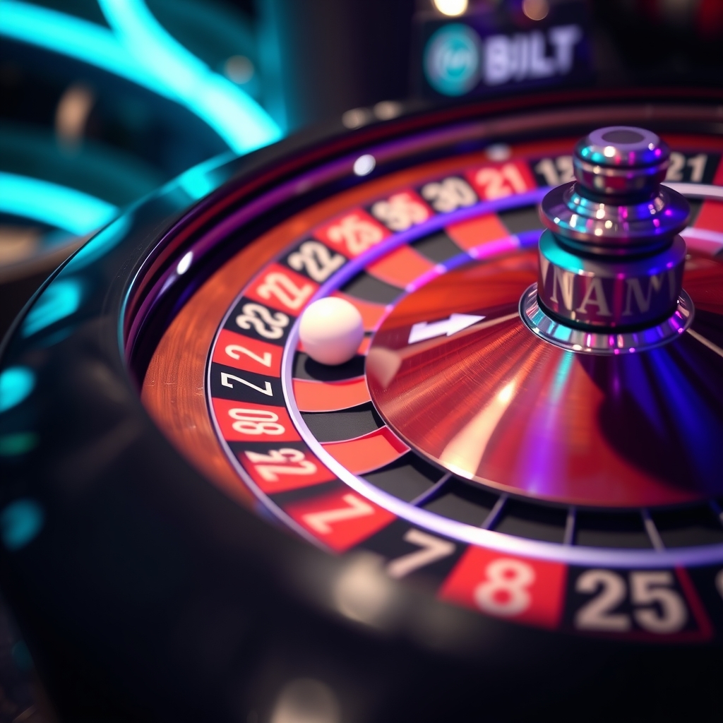 Ruota della roulette in movimento con pallina bianca, atmosfera da casino non aams